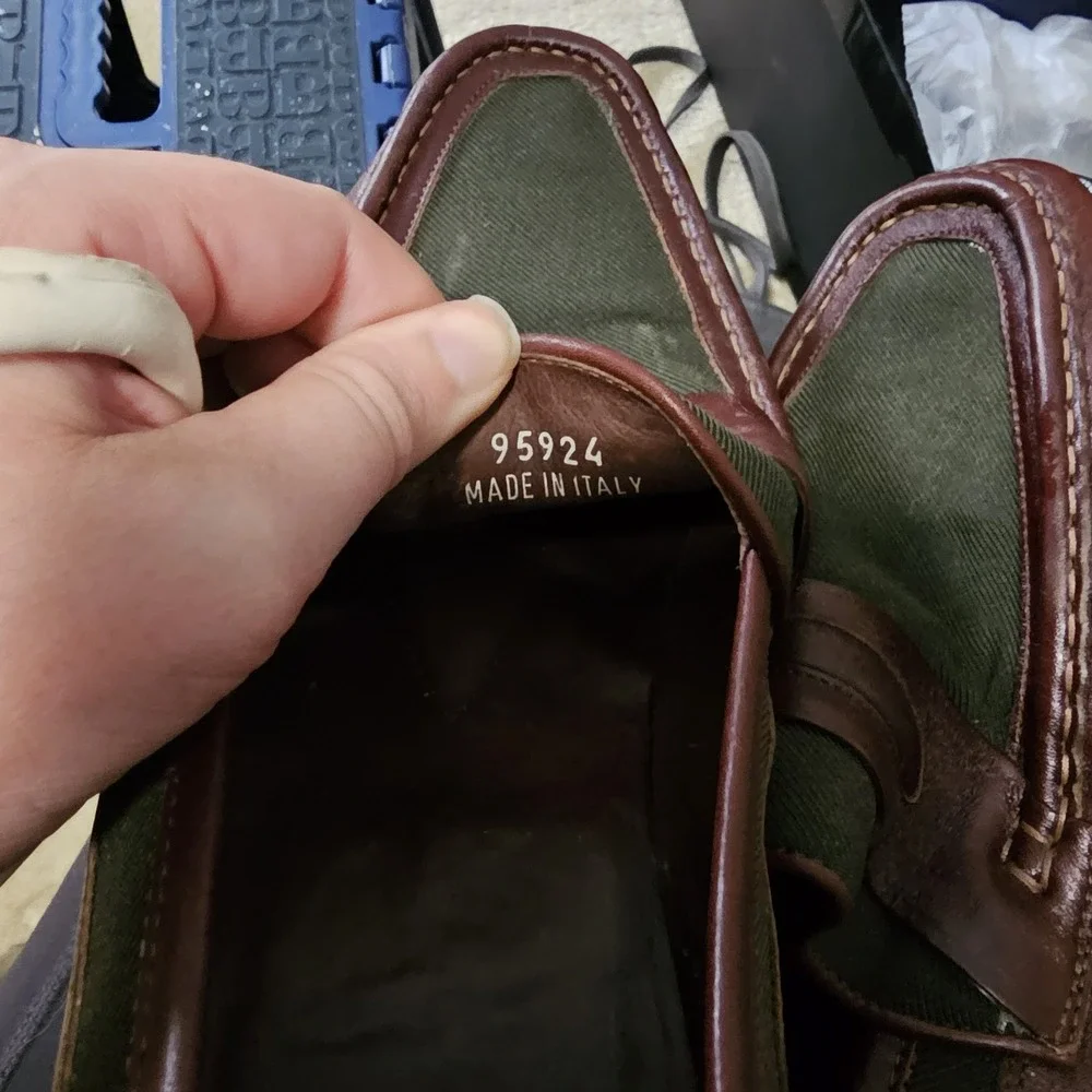 80s E.T. Wright Men's Loafers‎ Brown Leather & Green Canvas Italy Size 11 B